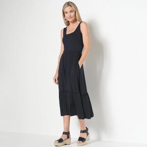 J Jason Wu Black Knit Smocked Waist Midi Dress Size Small Scoop Neck Sleeveless